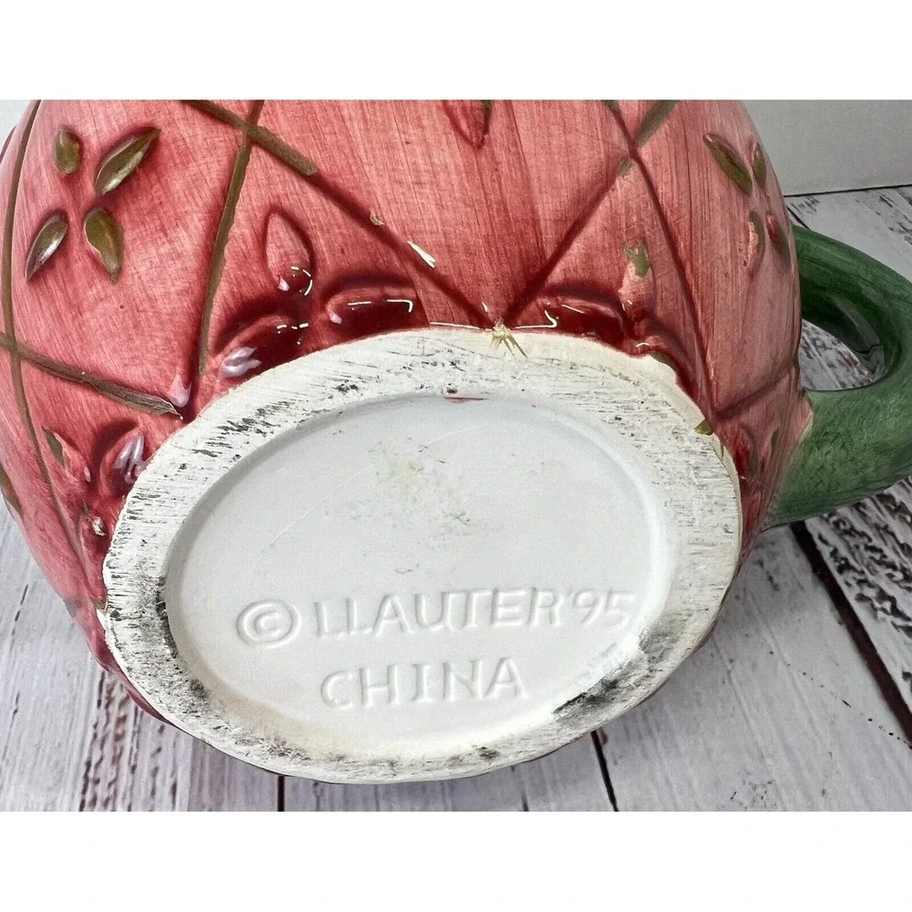 Vtg 1995 Llauter Collection Pitcher Jar Green Pink Gold Ceramic Strawberry